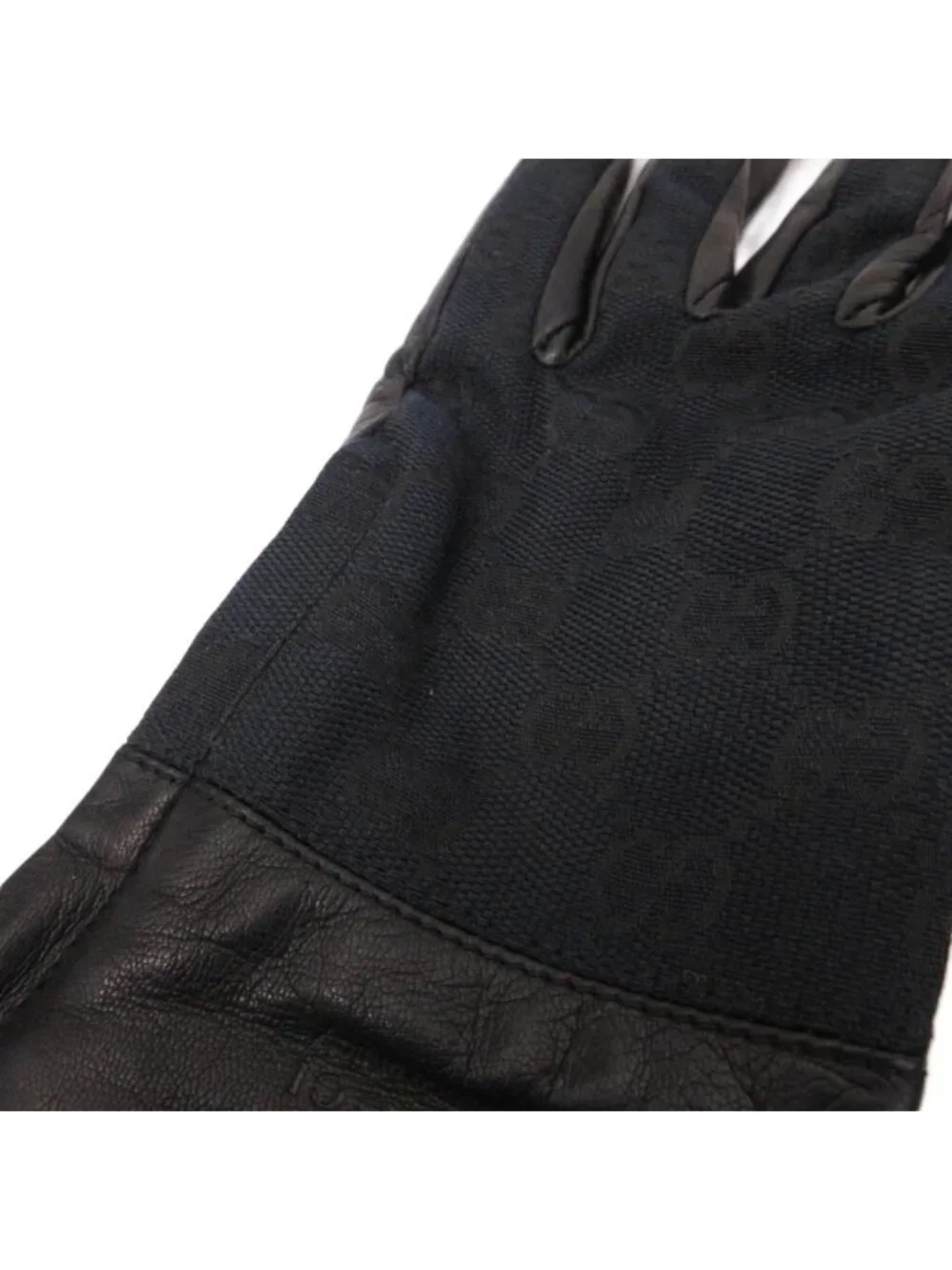 Gucci Leather Gloves GG Pattern Canvas Lining 7.5 Black